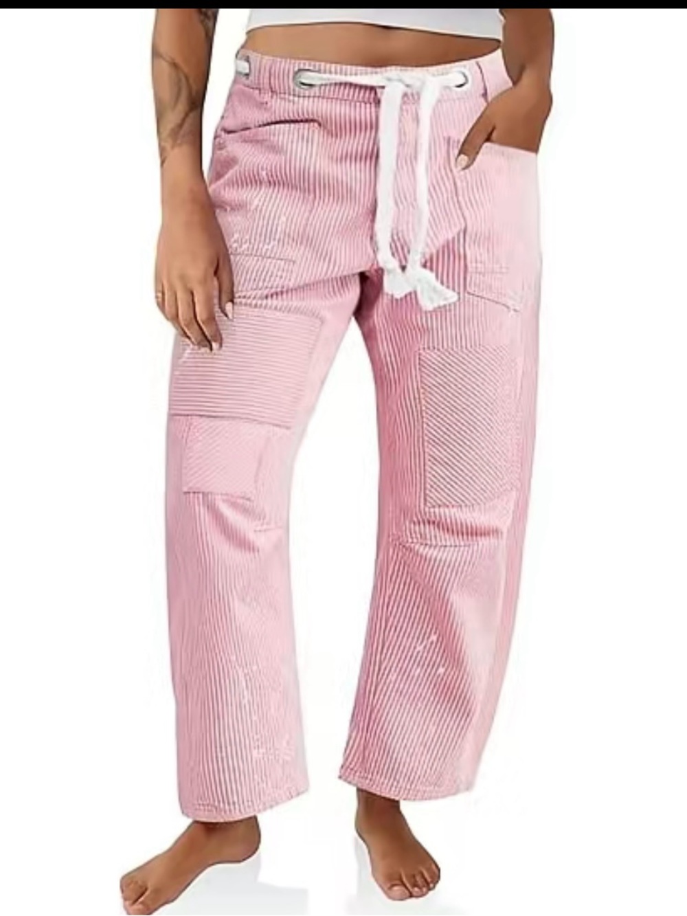 New Pink XS White Striped Barrel Cropped Jeans